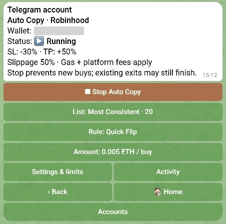 Auto Copy controls in Telegram, with a running status and buttons for the list, rule and amount