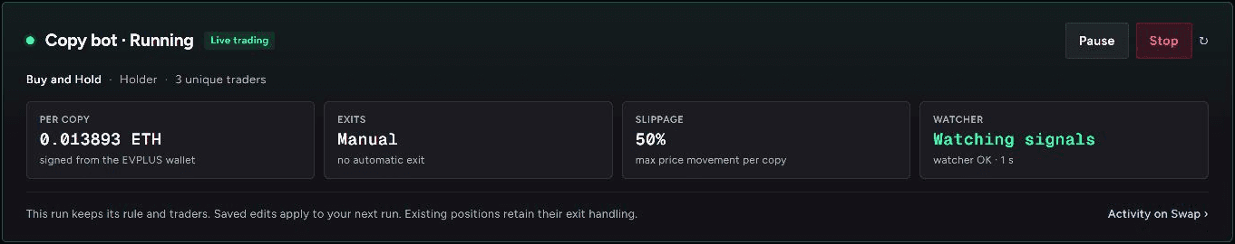Web copy overview showing the active run, amount, exits, slippage and watcher status